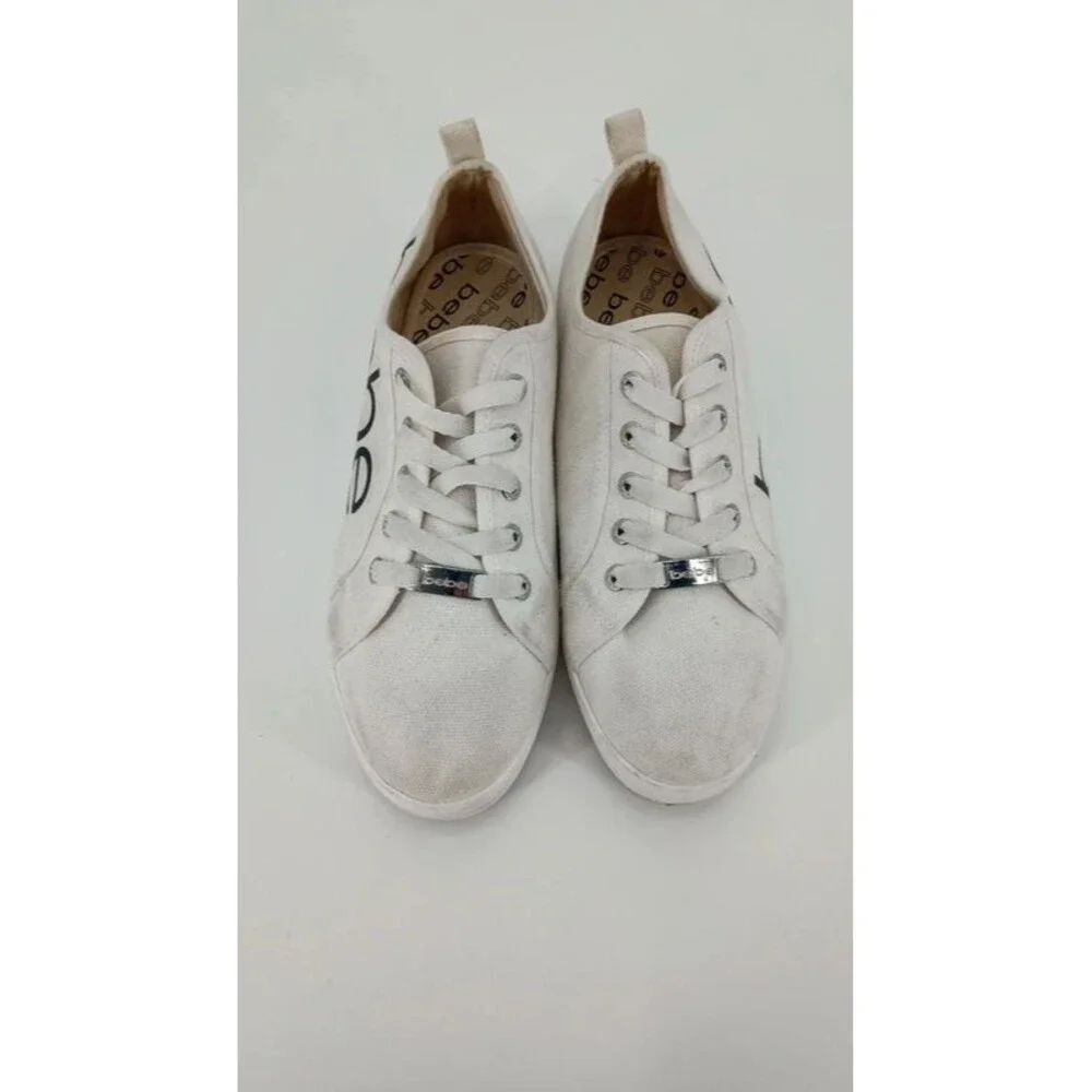 Y2K White Canvas Platform Sneakers Black Logo Bebe Sport Size 10